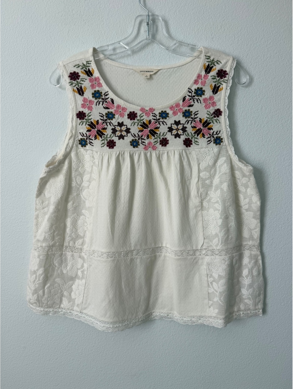 Lucky Brand Sleeveless Scoop Neck Floral Embroidered Semi-Sheer Tank Top Size L